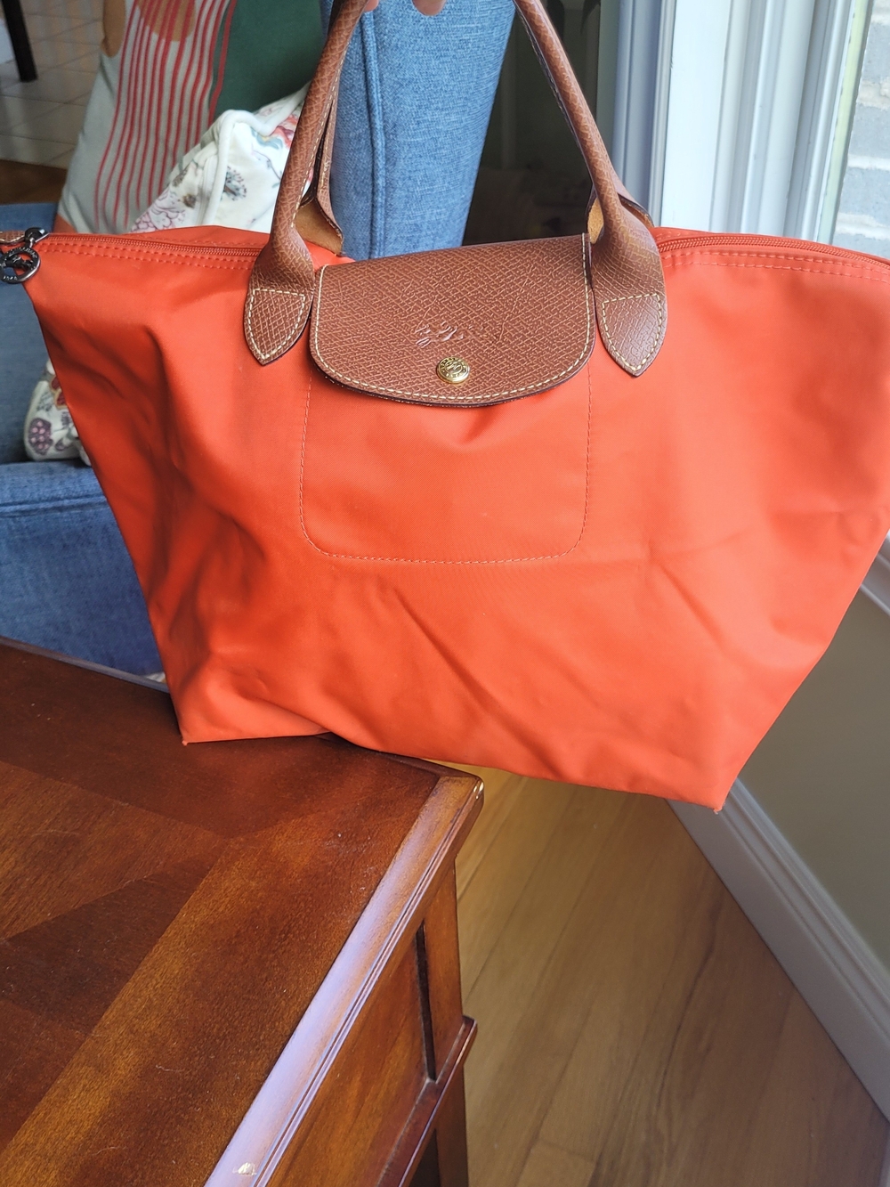 Longchamp Le Pliage Orange Tote Bag - Brown Trim